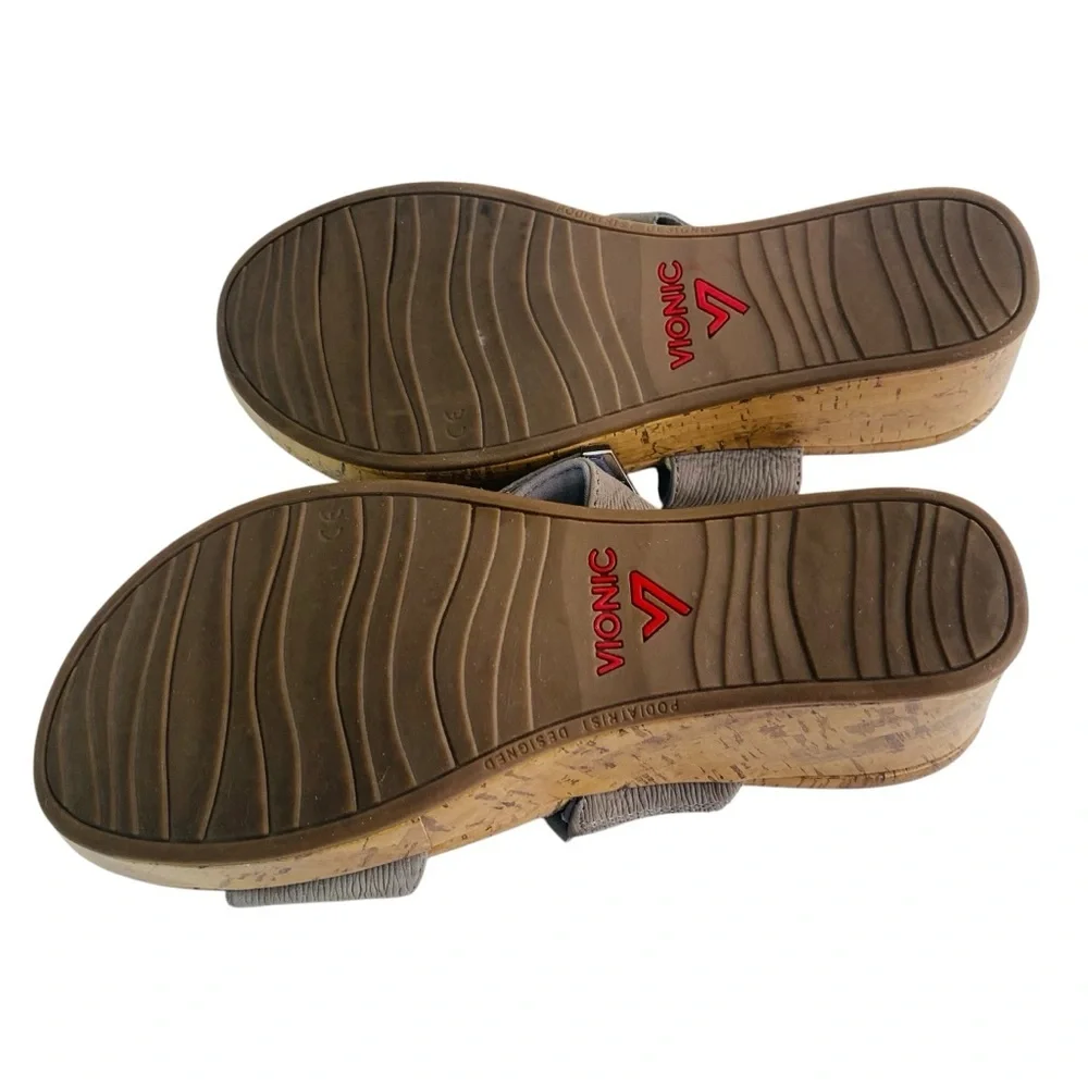 Vionic Grey Pepper Cork Wedge Slip On Sandals Size 9
